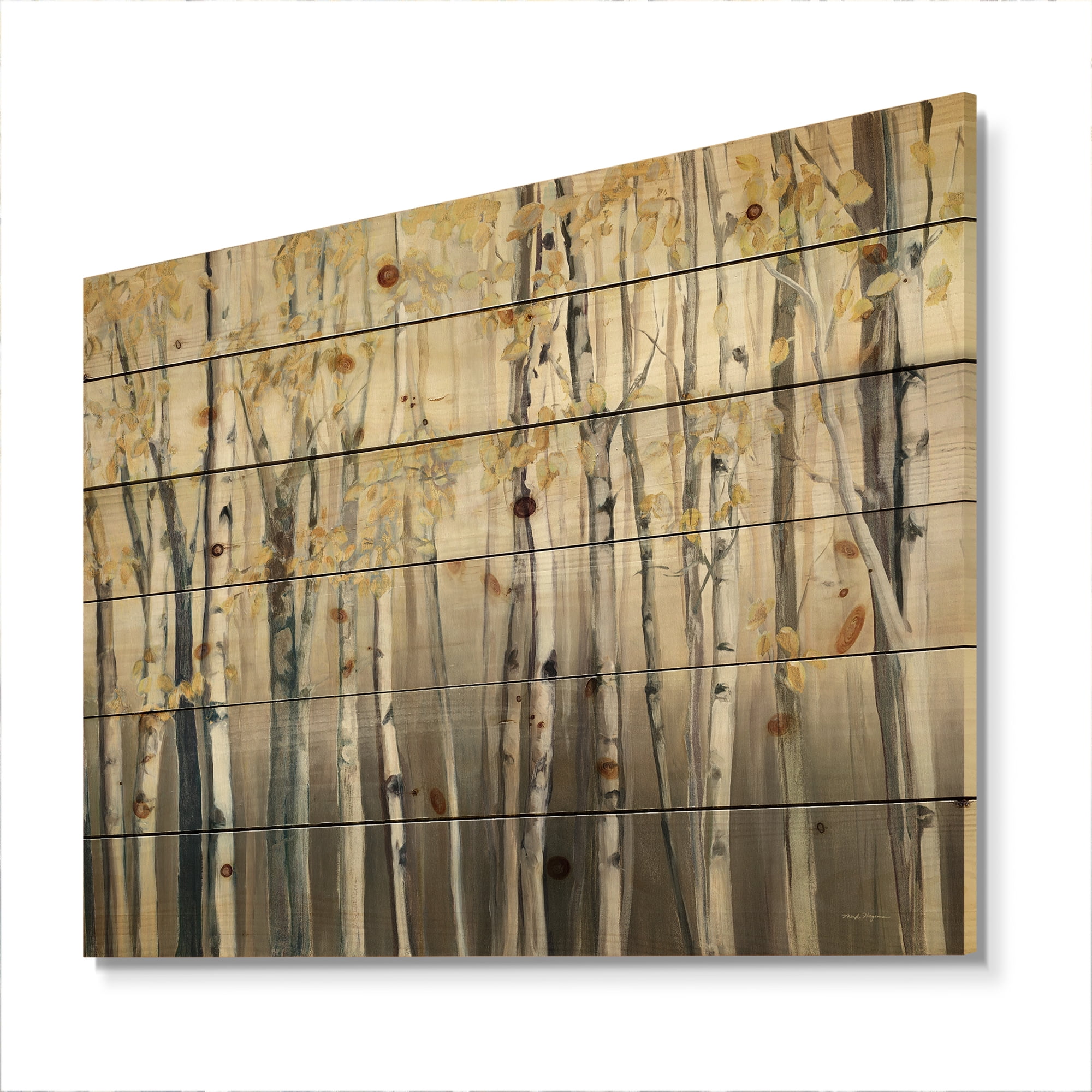 Designart 'Golden Birch Forest I' Landscapes Print on Natural Pine Wood