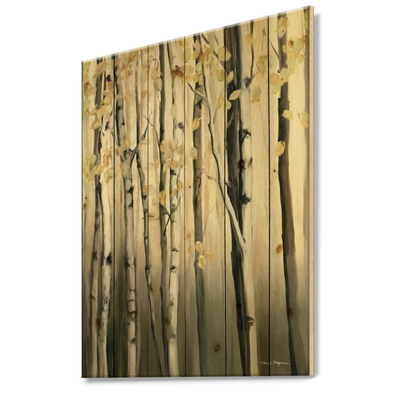 Designart 'Golden Birch Tree Forest IV' Cabin & Lodge Print on Natural Pine Wood