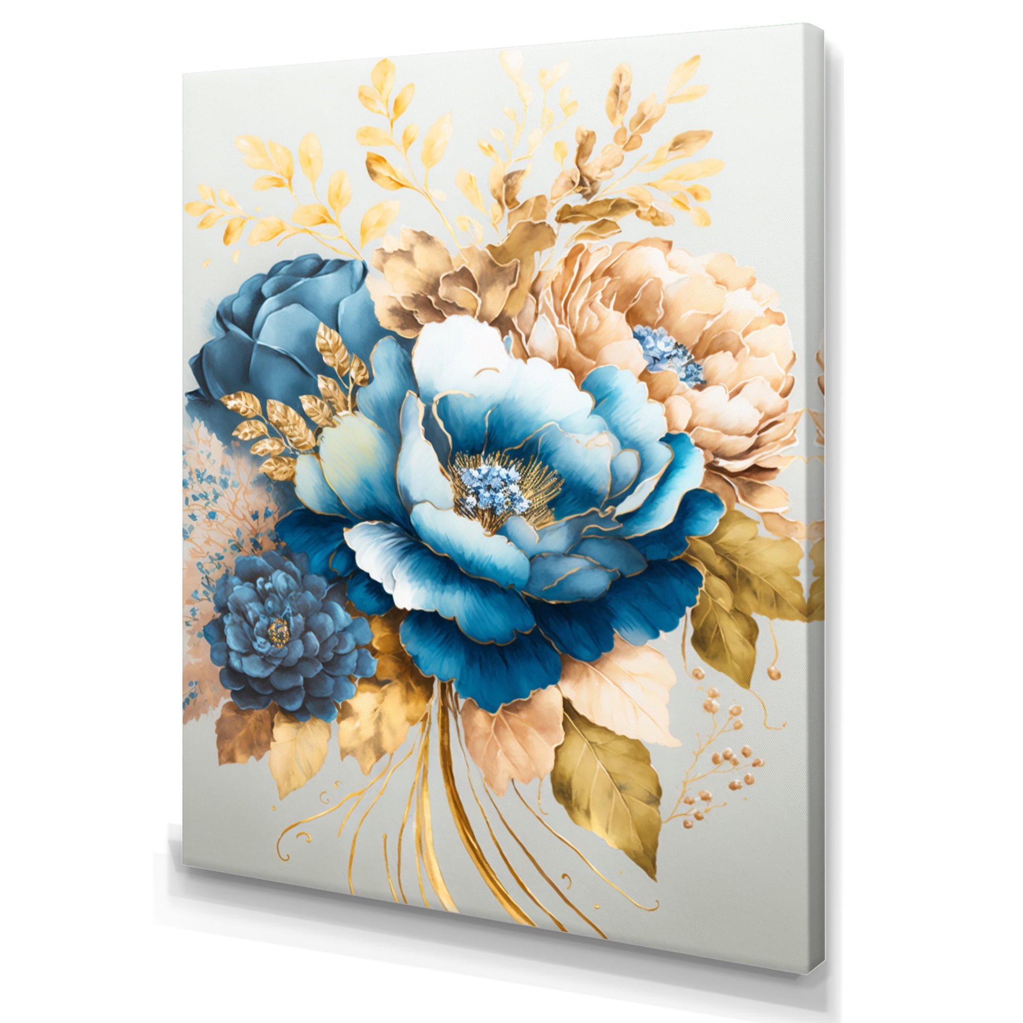 Designart Golden Blue Flower Arrangement II Canvas Wall Art
