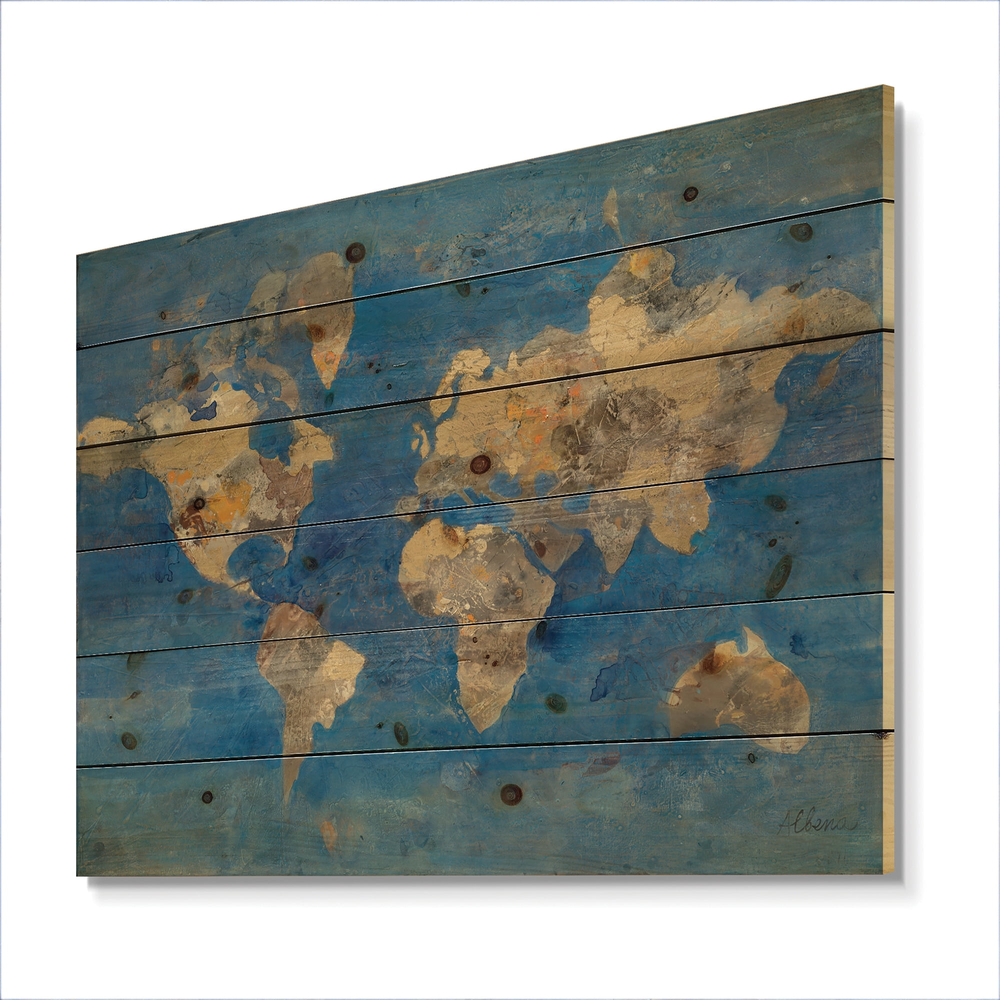Designart 'Golden Blue World Map' Glam Print on Natural Pine Wood