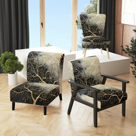 Designart "Golden Branch Tree Luminous Tangle II" Upholstered Tree Monochrome Accent Chair and Traditional Arm Chair - Multiple Color & Pattern