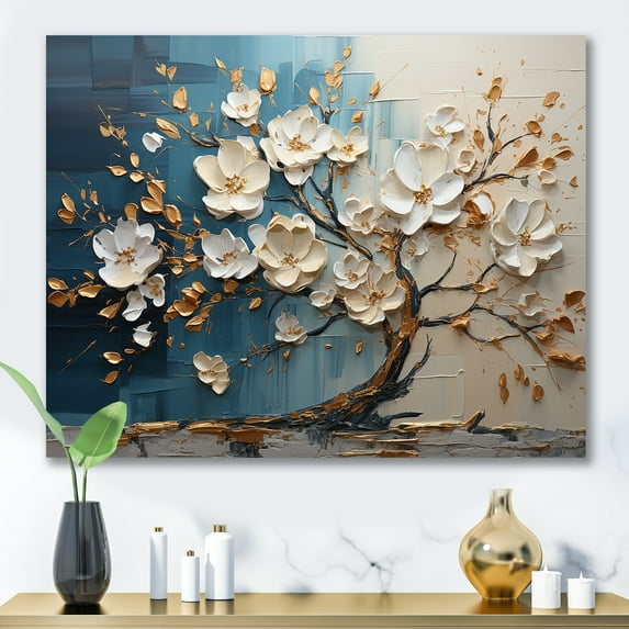 Designart "Golden Branches Blue and White Orchid Tree III" Oversized Landscapes Wall Art - Country Gold Tree Bedroom Canvas Wall Art