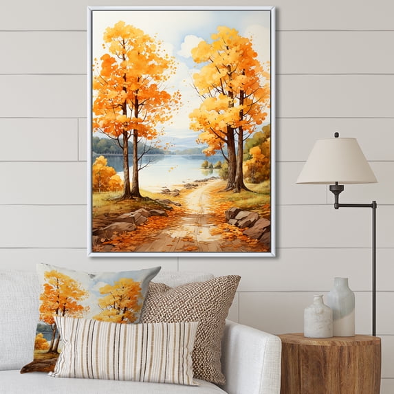 Designart "Golden Canopy Maple Trees in the Fall II" Floral Floater Framed Wall Decor