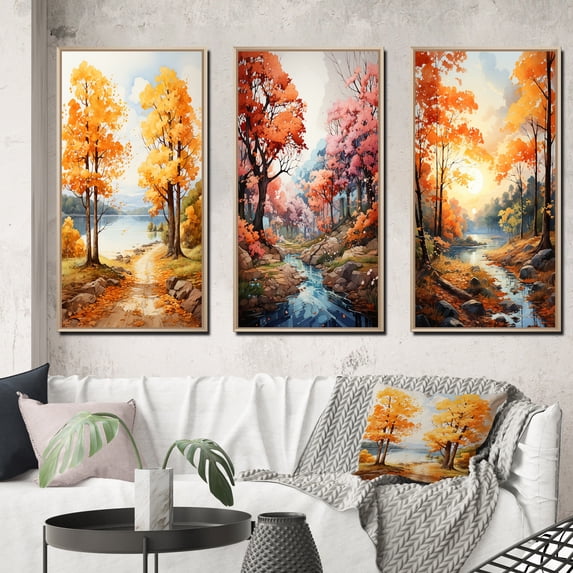 Designart "Golden Canopy Maple Trees in the Fall II" Floral Framed Wall Art Set Of 3 - Yellow Tree Maple Frame Canvas Set For Living Room Decor