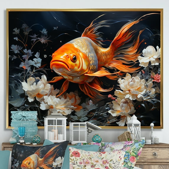 Designart "Golden Carp Asian Glowing I" Animals Floater Framed Wall Art Living Room