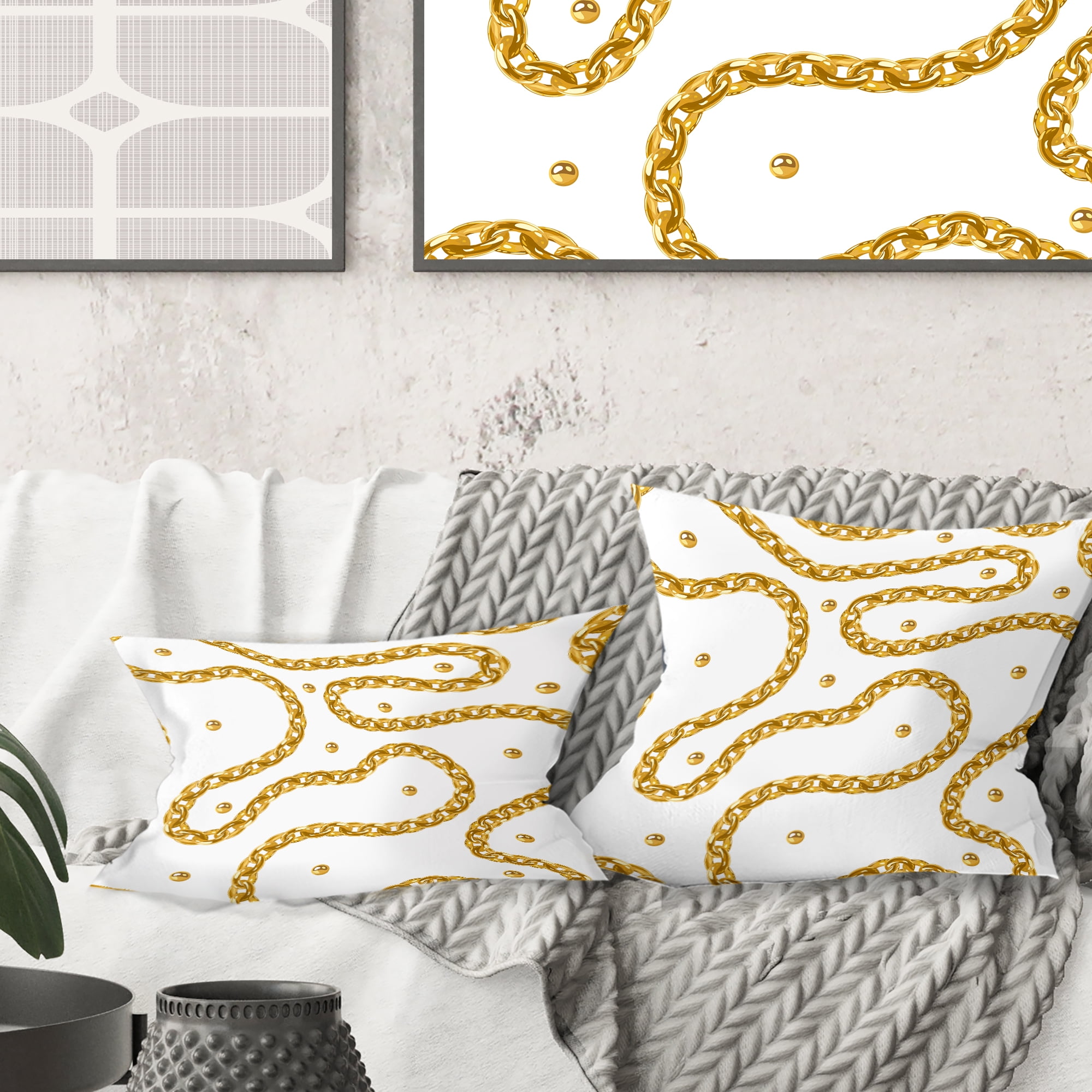 Designart Golden Chain Necklace' Mid-Century Modern Throw Pillow - 18x18