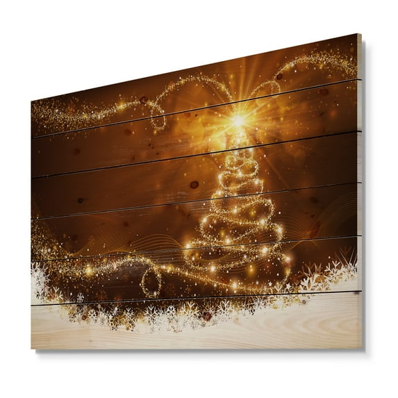 Designart 'Golden Christal Tree Star on White Snow Flakes' Print on Natural Pine Wood