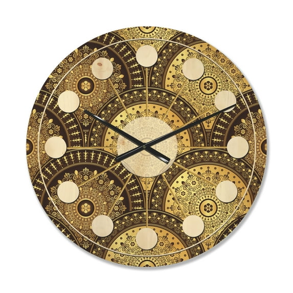 Designart 'Golden Circular Retro Pattern I' Mid-Century Modern Wood Wall Clock