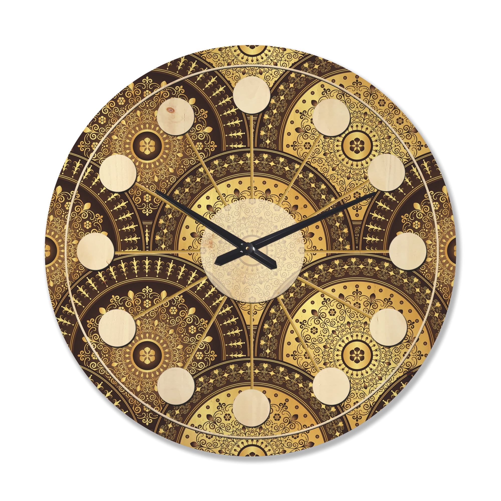 Designart 'Golden Circular Retro Pattern I' Mid-Century Modern Wood Wall Clock