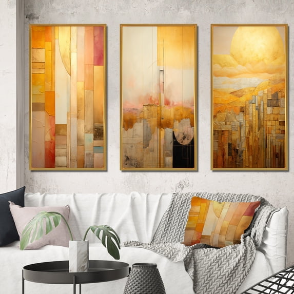 Designart "Golden City Sunset" Modern Geometric Framed Wall Art Set Of 3 - Gold Abstract Frame Gallery Set For Office Decor