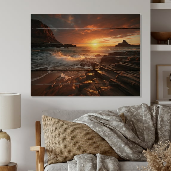 Designart "Golden Coastline Australia painting I" Nautical & Beach Print on Natural Pine Wood