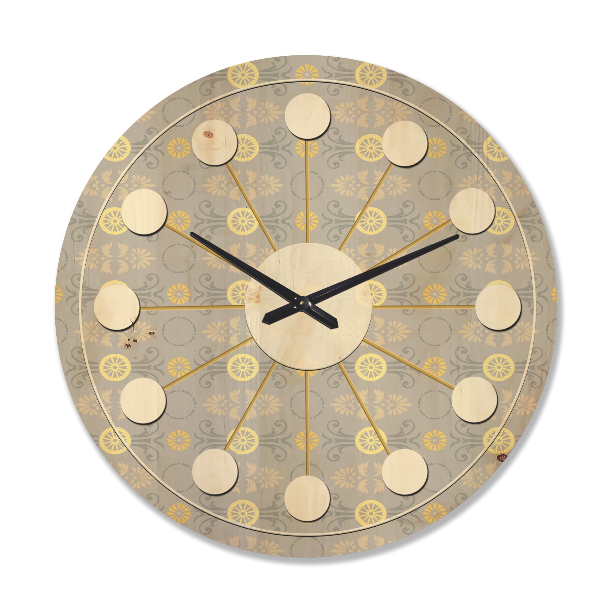 Designart 'Golden Cornflower Retro Pattern' Mid-Century Modern Wood Wall Clock