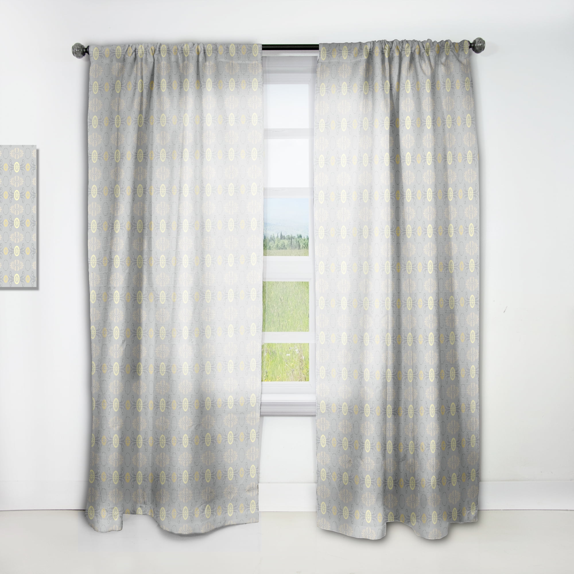 Designart Golden Cornflower Retro Pattern Modern Grey Abstract Rod Pocket Semi-Sheer Curtains