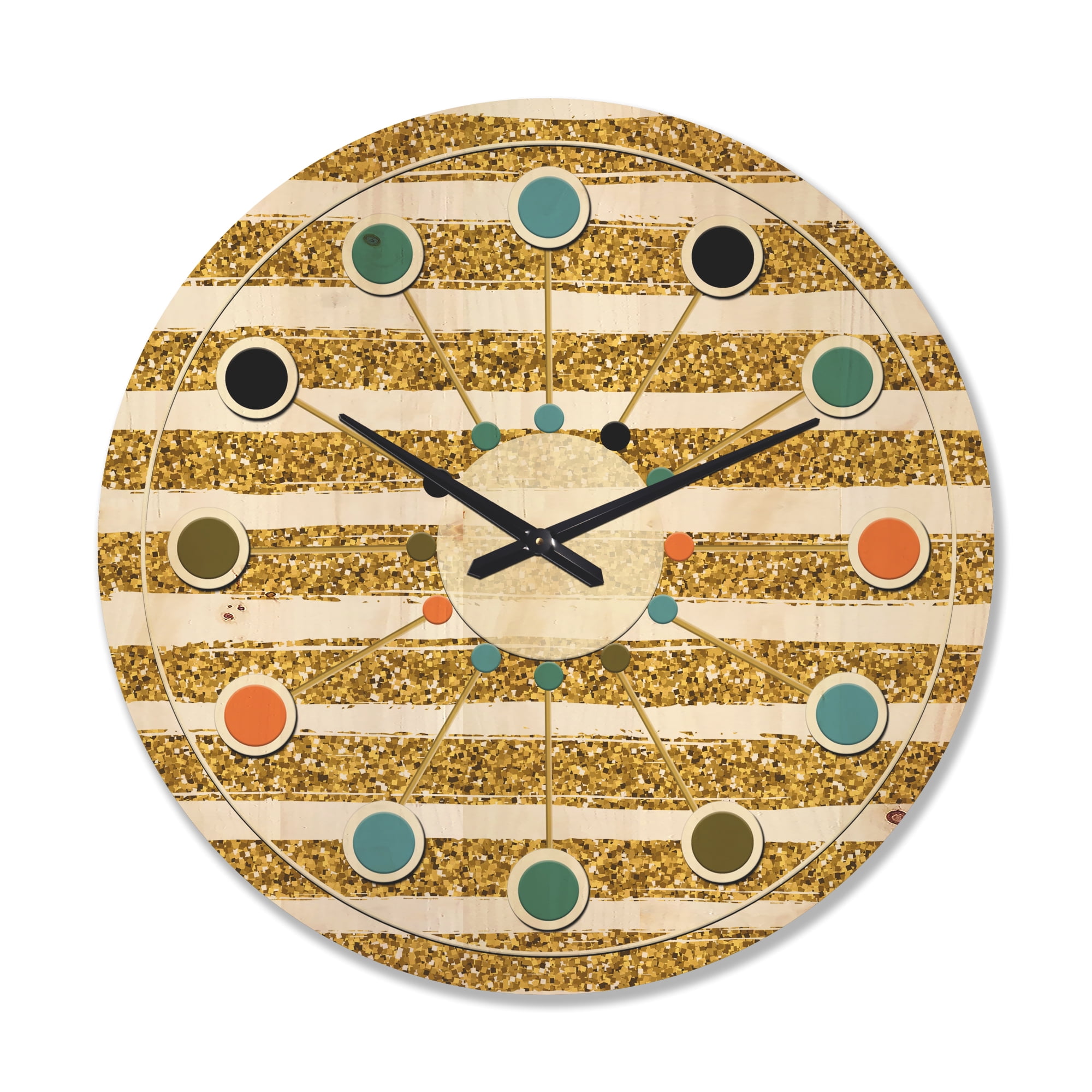 Designart 'Golden Cubics Horizontal Lines ' Mid-Century Modern Wood Wall Clock
