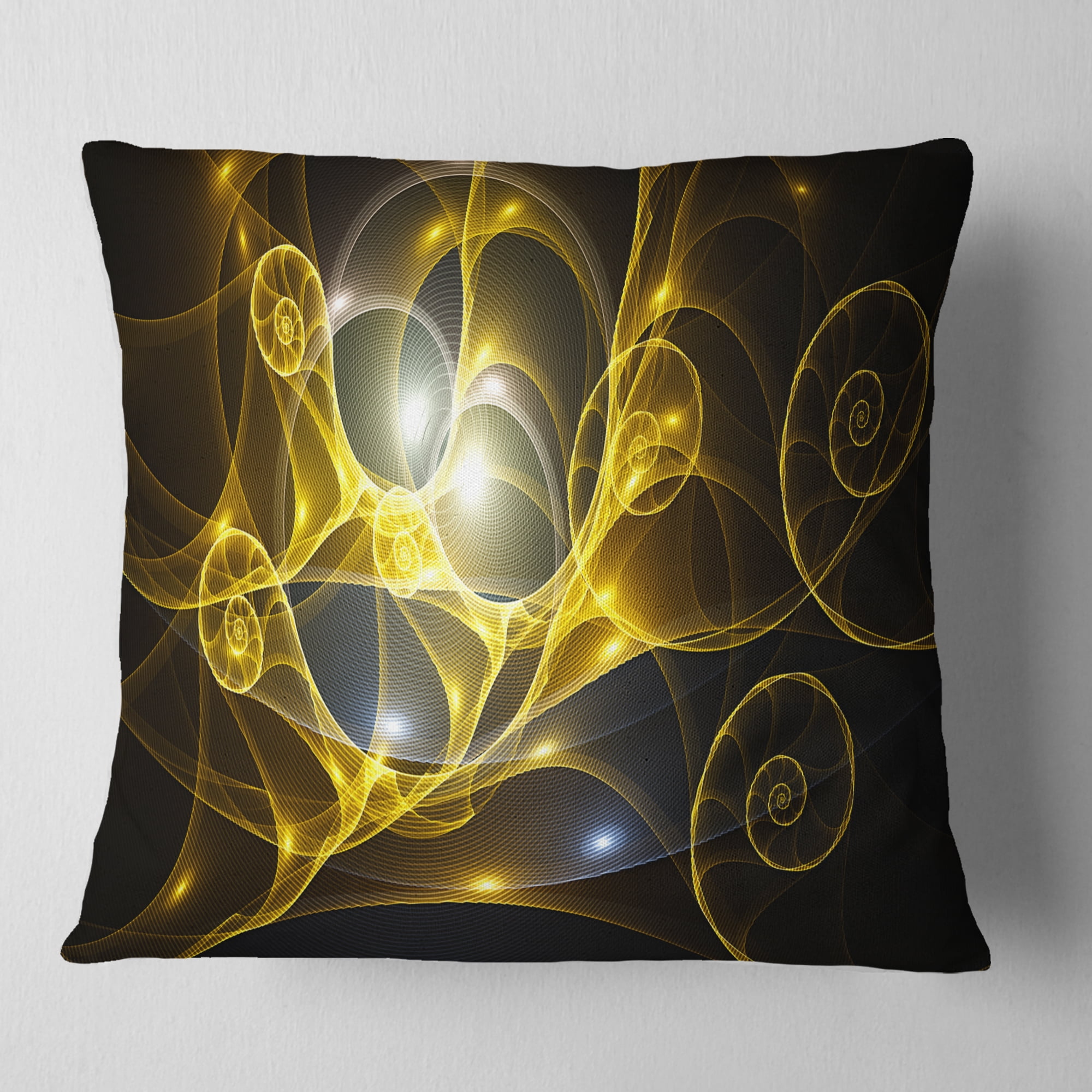 Designart Golden Curly Spiral on Black - Abstract Throw Pillow - 16x16