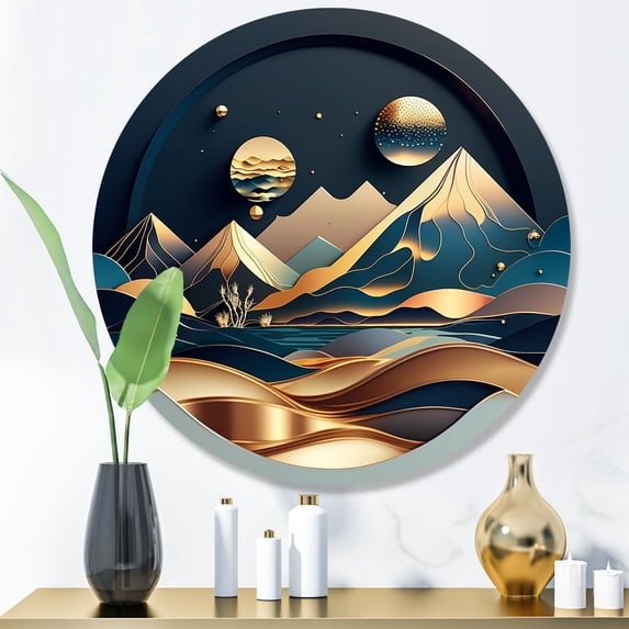 Designart "Golden Dreams Mountain Landscape I" Abstract Marble Metal Round Wall Art