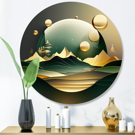 Designart "Golden Dreams Mountain Landscape III" Abstract Marble Metal Round Art Living Room
