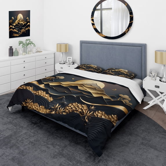 Designart "Golden Dreams Mountain Landscape IV" Abstract Marble Bedding Covert Set - Modern Gold Abstract Bed Set With 2 Shams