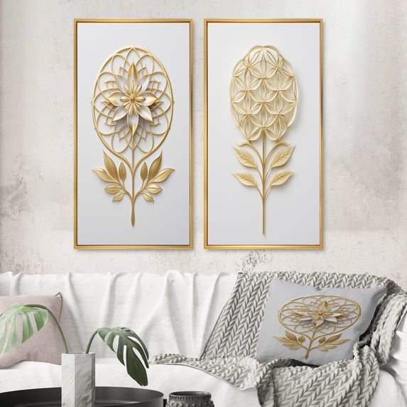 Designart "Golden Elegance Flower of Life I" Abstract Botanicals Framed Wall Art Set Of 2 - Modern Gold Framed Canvas Set For Living Room Decor