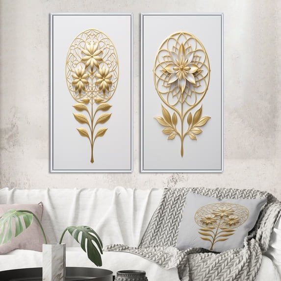 Designart "Golden Elegance Flower of Life III" Abstract Botanicals Framed Wall Art Set Of 2 - Modern Gold Gallery Wall Frame Set For Home Decor