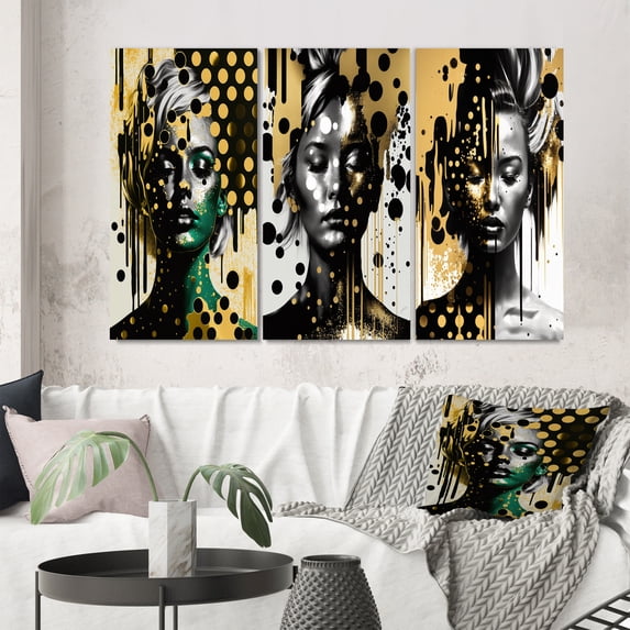Designart "Golden Elegance Transcending Beauty III" Modern Woman Wall Art Set Of 3 - Gold Woman Abstract Gallery Wall Set For Home Decor