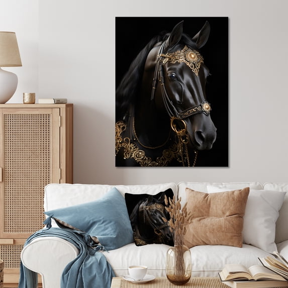 Designart "Golden Equestrian Black and Gold Equine III" Animals Horse Metal Wall Art Prints