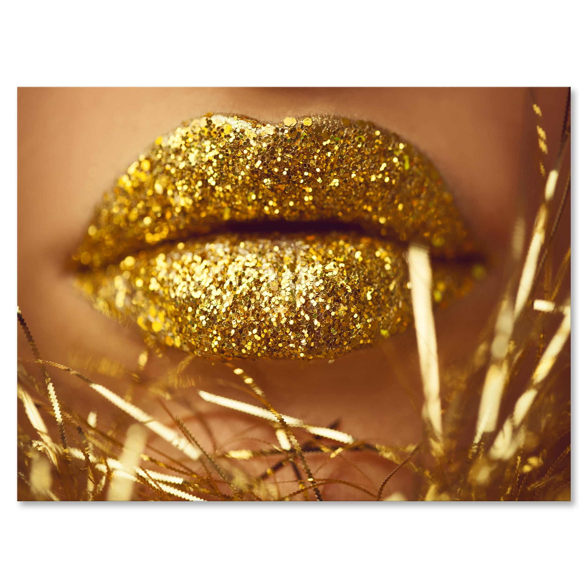 Designart ' Golden Female Lips ' Modern Canvas Wall Art Print