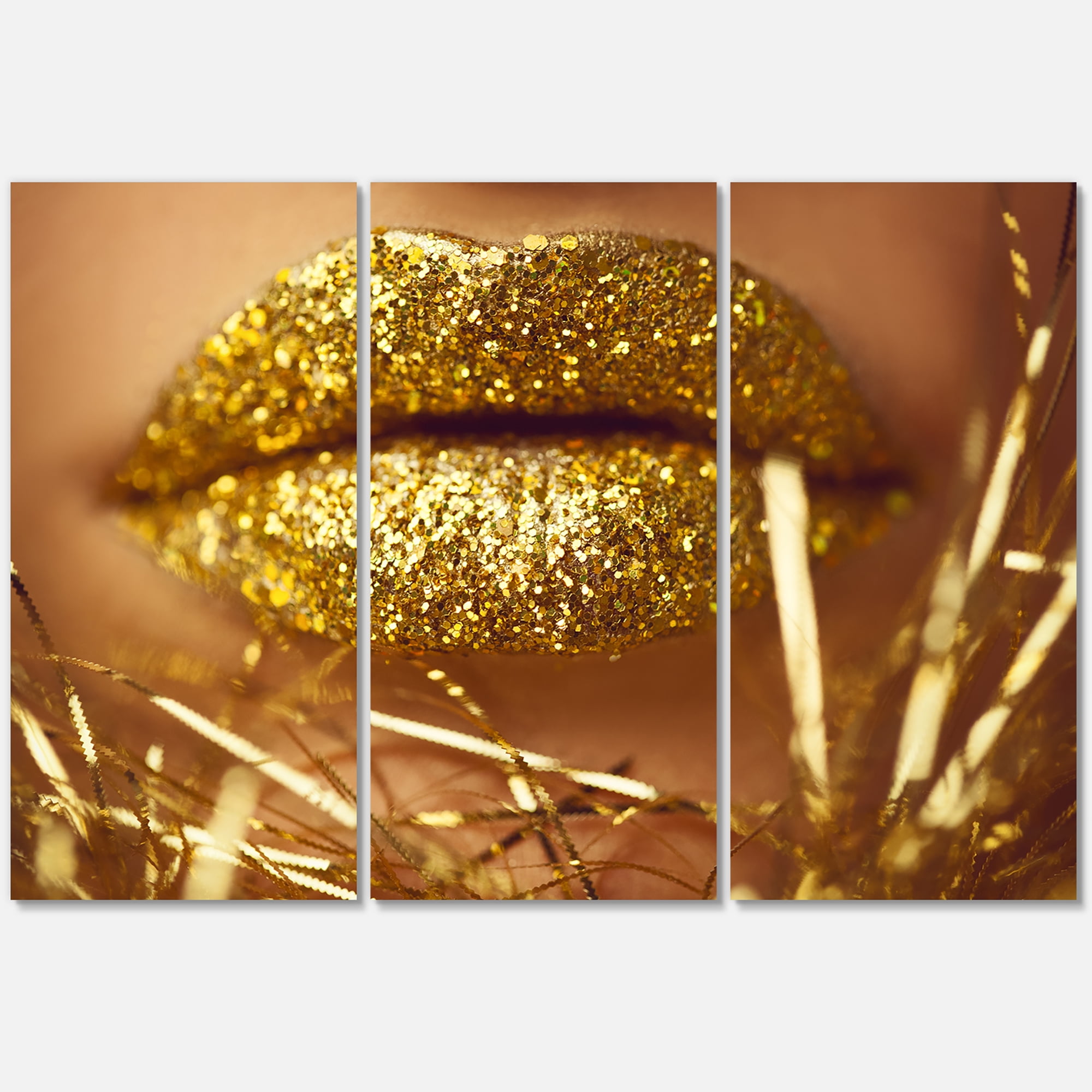 Designart ' Golden Female Lips ' Modern Canvas Wall Art Print