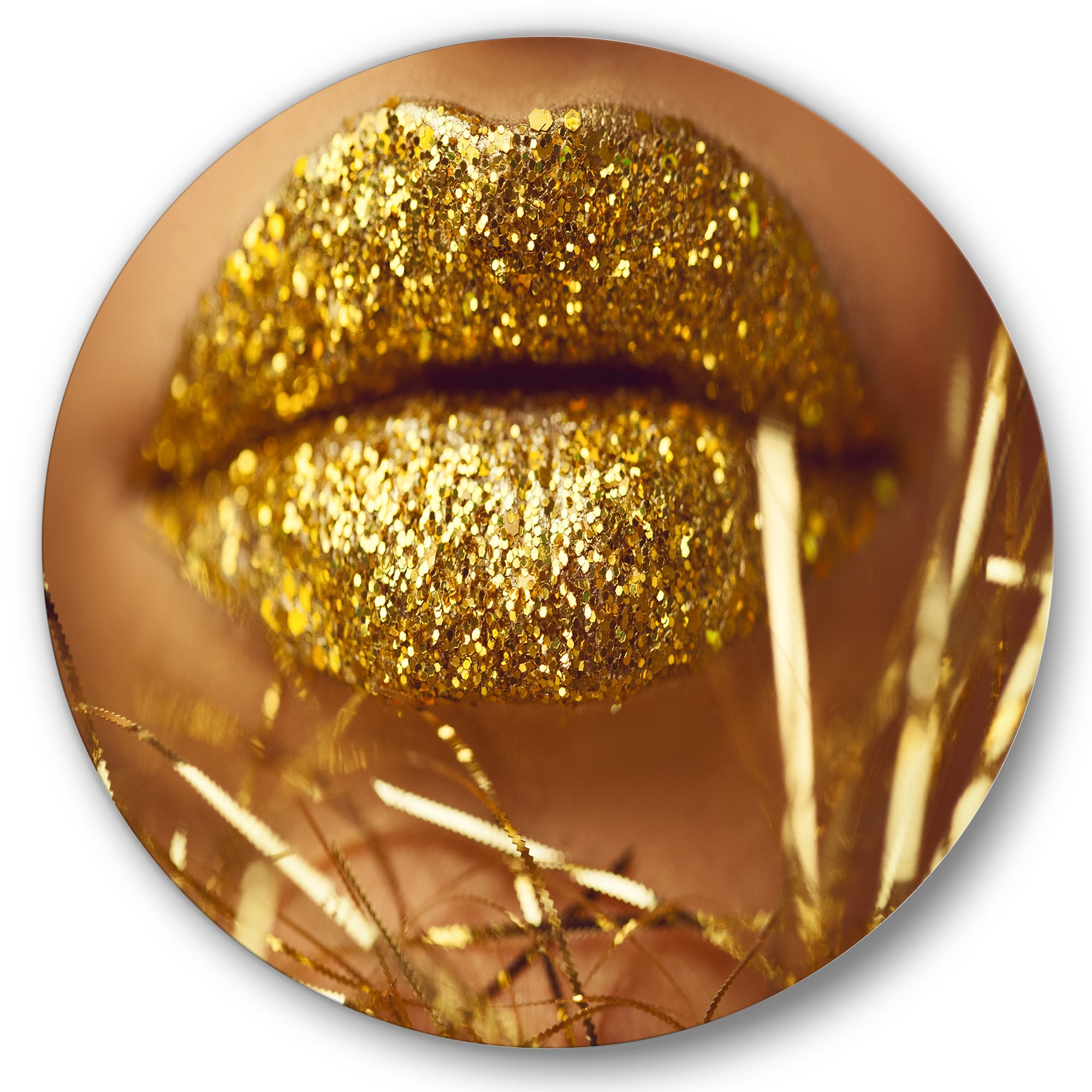 Designart 'Golden Female Lips' Modern Circle Metal Wall Art 29x29 - Disc of 29