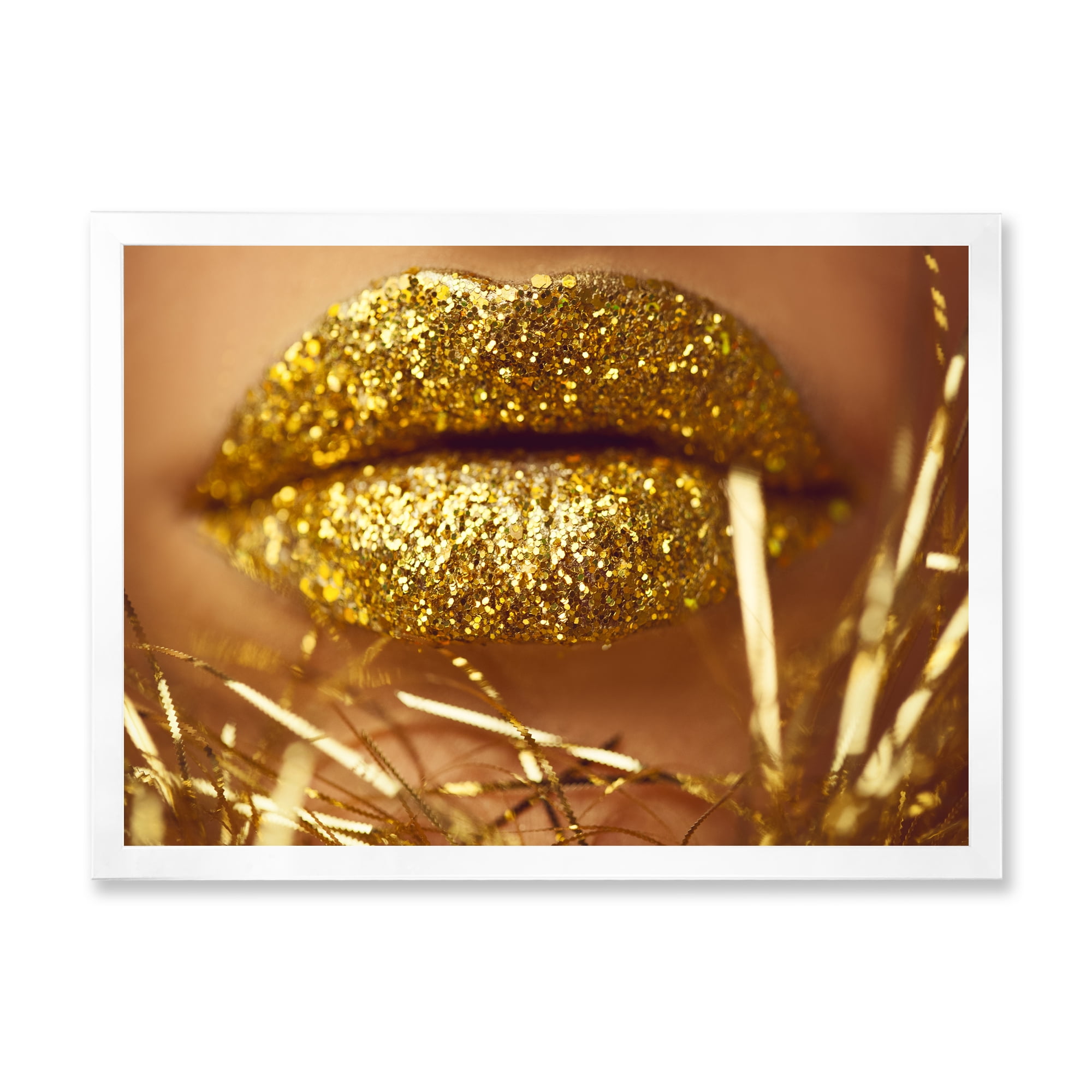 Designart 'Golden Female Lips' Modern Framed Art Print