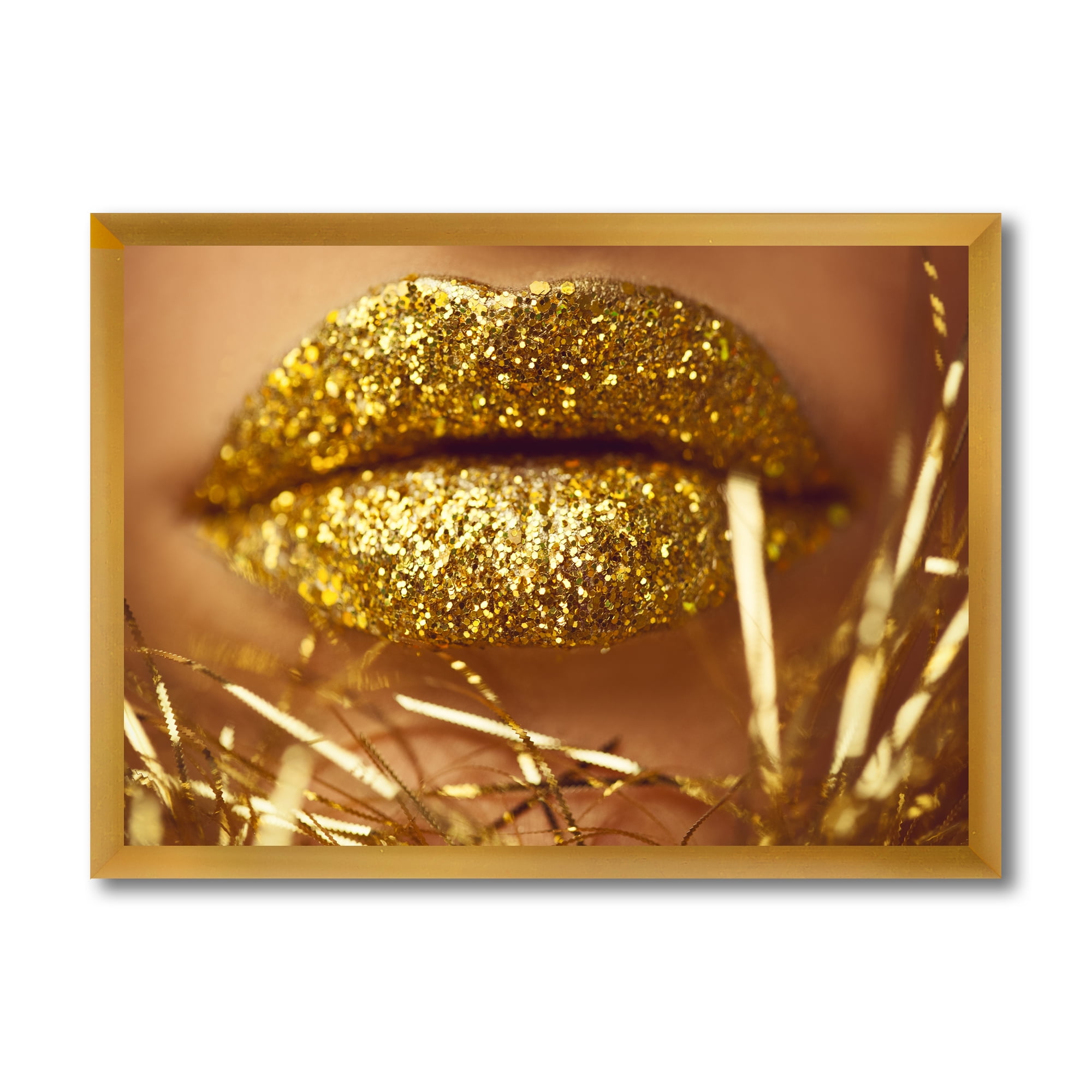 Designart 'Golden Female Lips' Modern Framed Art Print