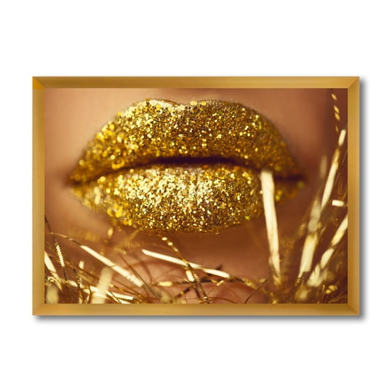 Designart 'Golden Female Lips' Modern Framed Art Print