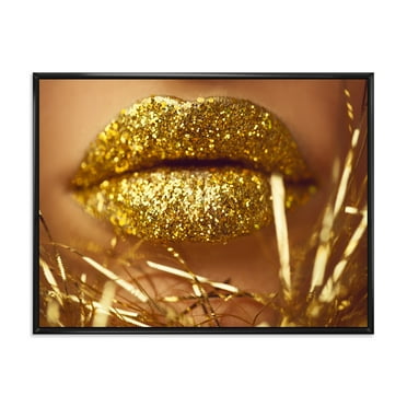 Designart 'Golden Female Lips' Modern Framed Canvas Wall Art Print
