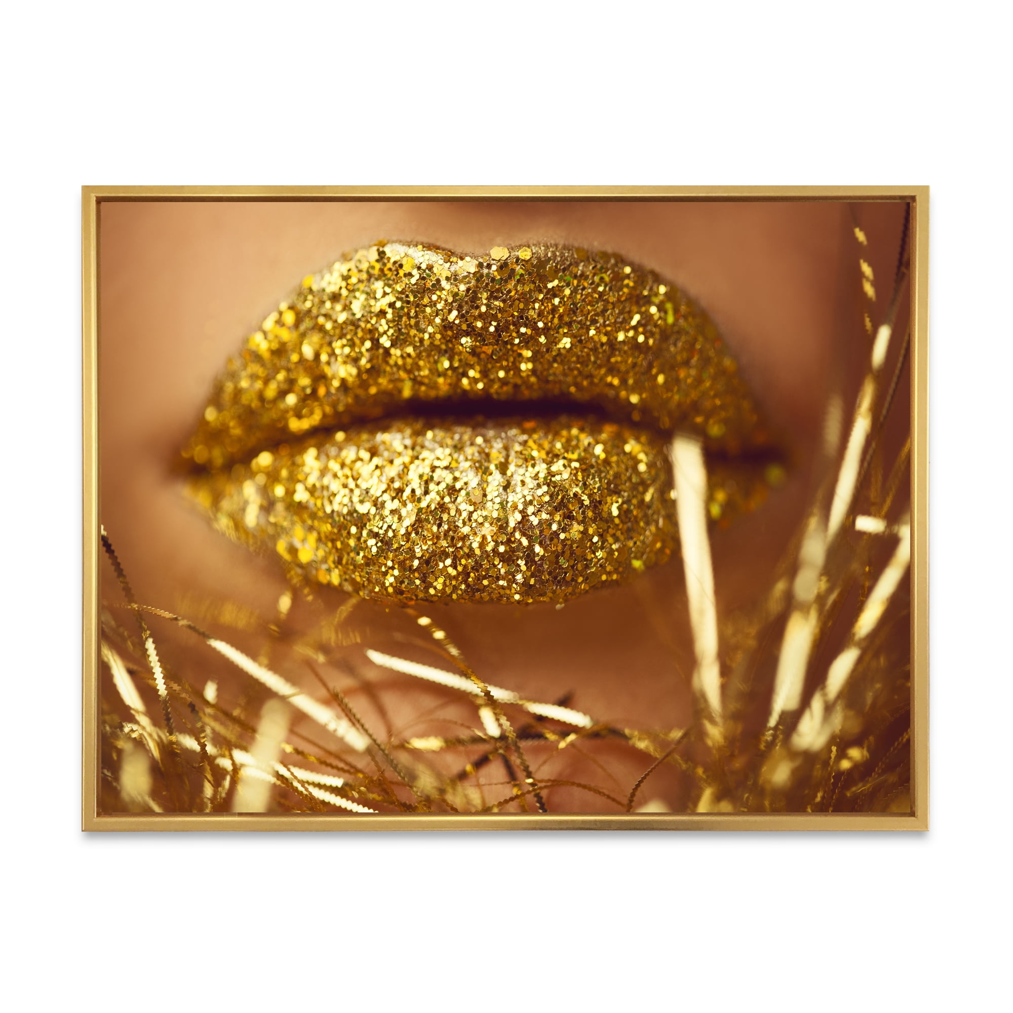 Designart 'Golden Female Lips' Modern Framed Canvas Wall Art Print