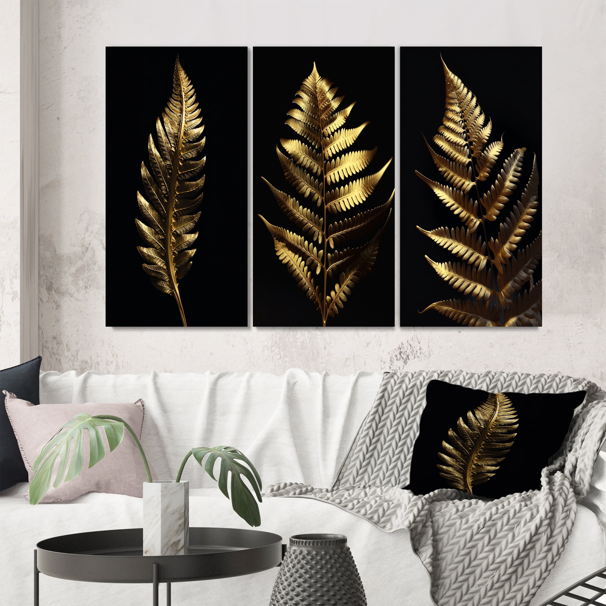 Designart "Golden Fern Leaf Elegance on Black V" Ferns Wall Art Set Of ...
