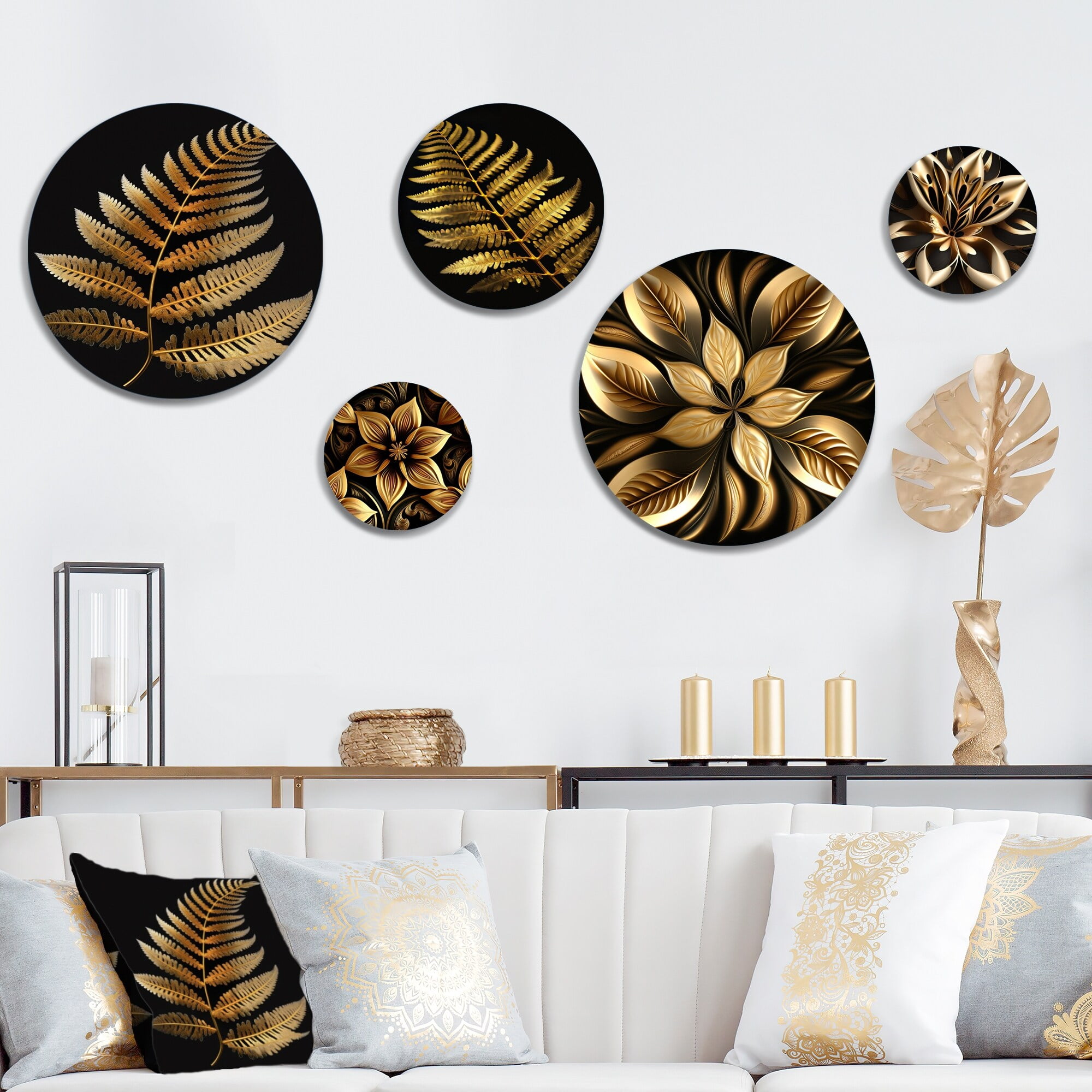 Golden Fern and Floral Black Metal Wall Art Set