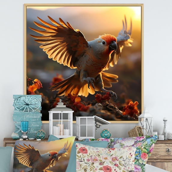 Designart "Golden Flight Of Yellow Parrots At Sunset" Parrot Floater Framed Wall Decor