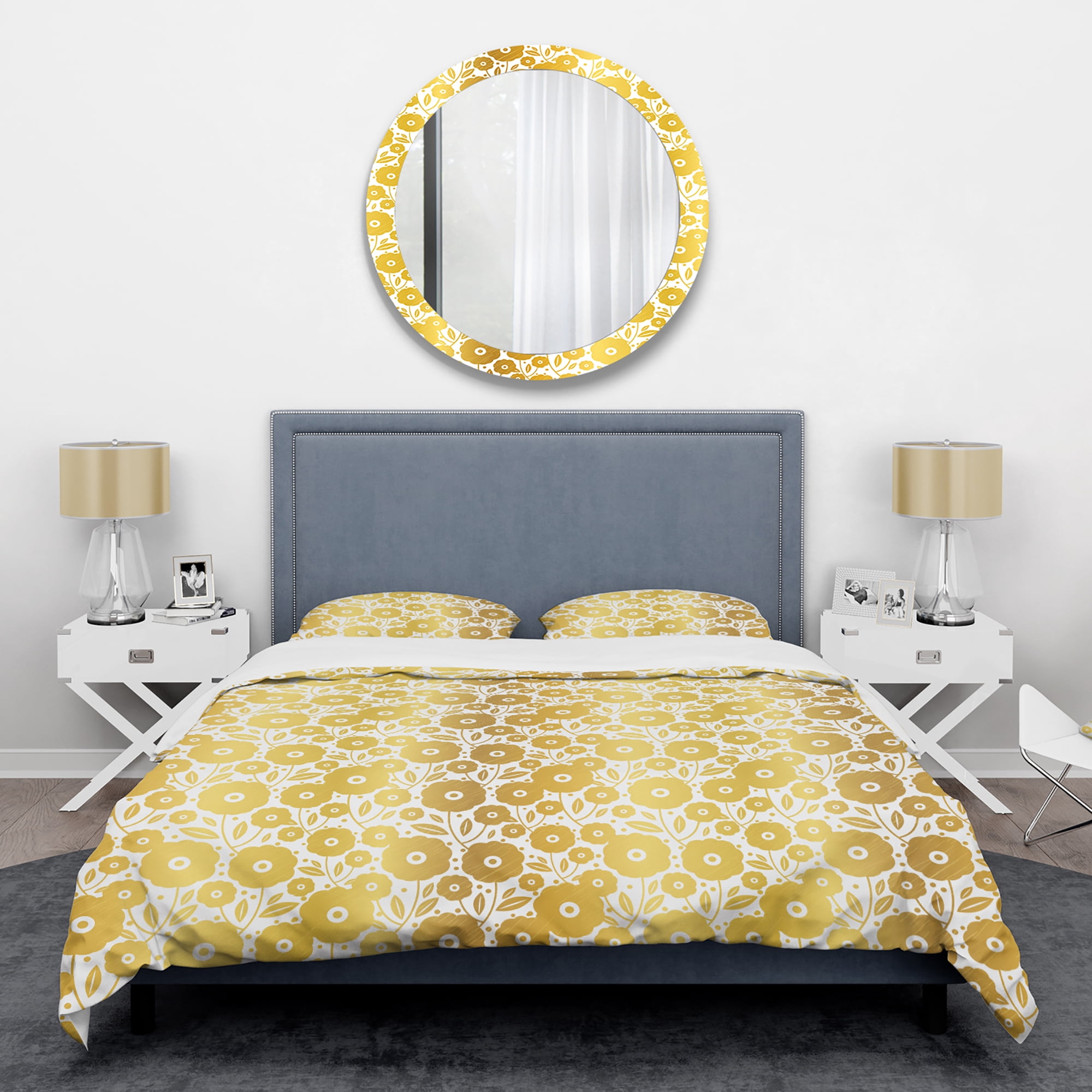 Designart 'Golden Floral I ' Mid-Century Modern Duvet Cover Set