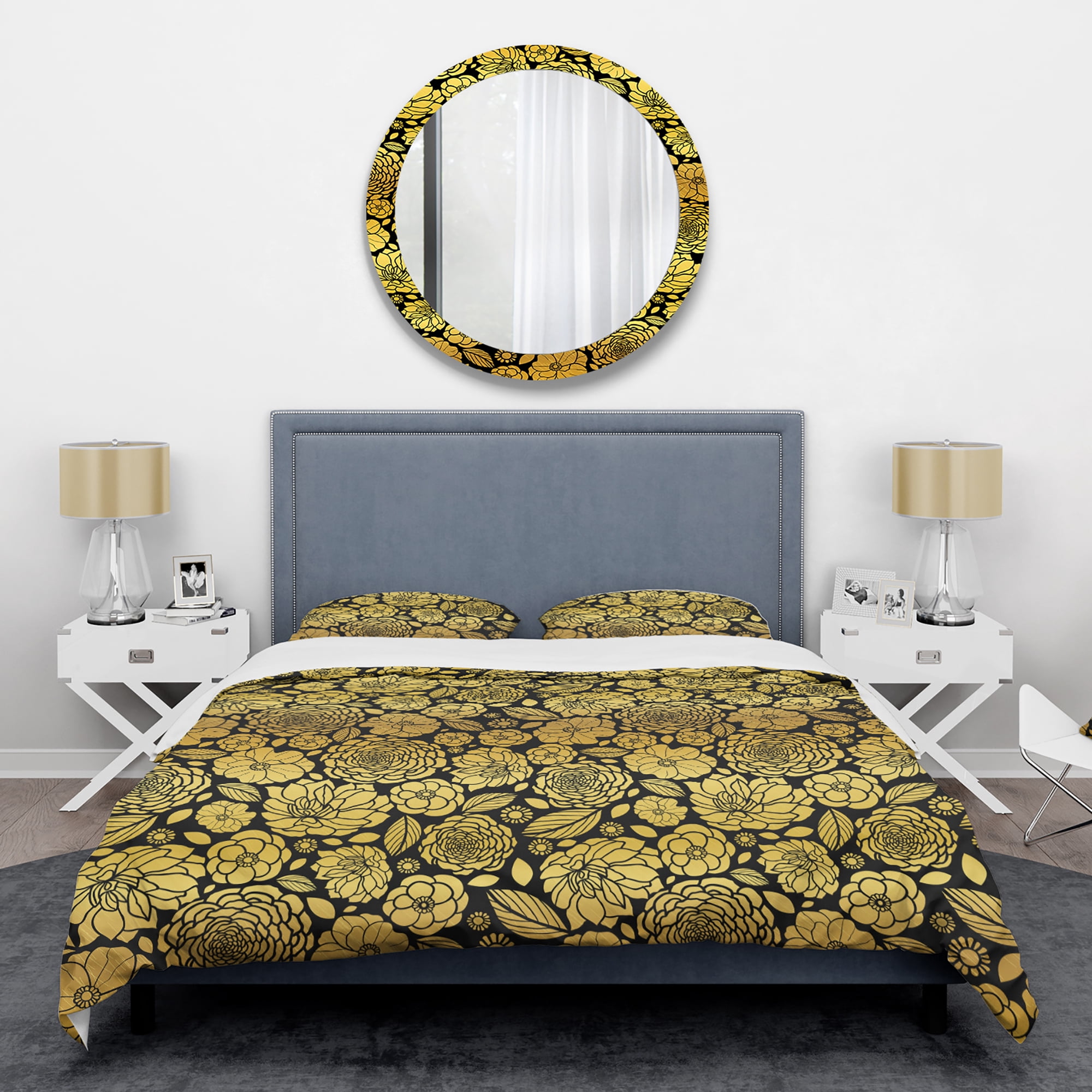 Designart 'Golden Floral II' Mid-Century Modern Duvet Cover Set