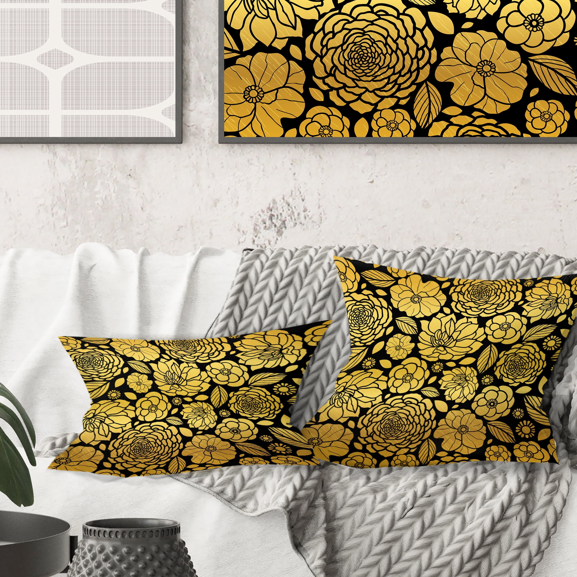 Designart Golden Floral II' Mid-Century Modern Throw Pillow - 18x18