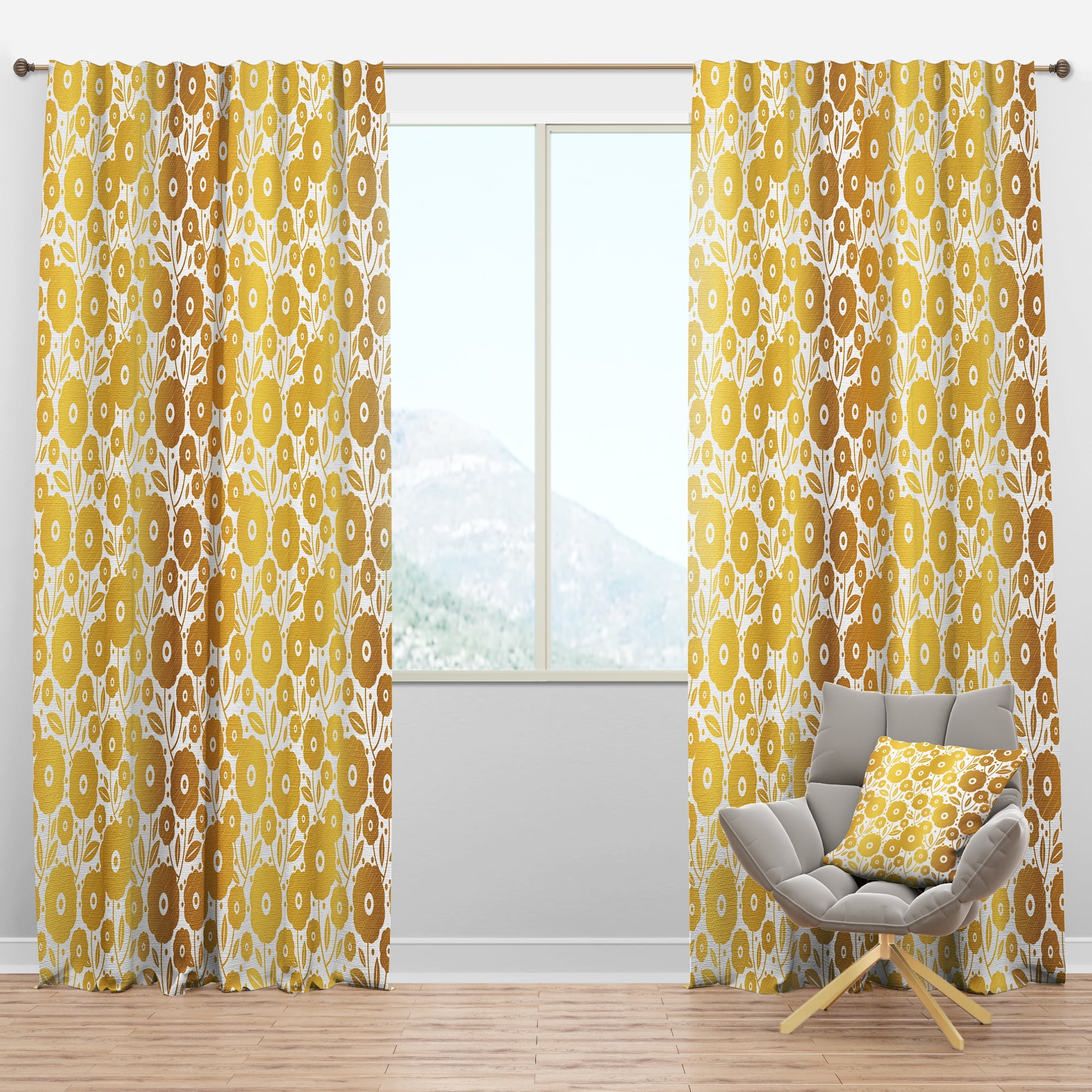 Designart 'Golden Floral Retro I ' Mid-Century Modern Blackout Curtain Panel