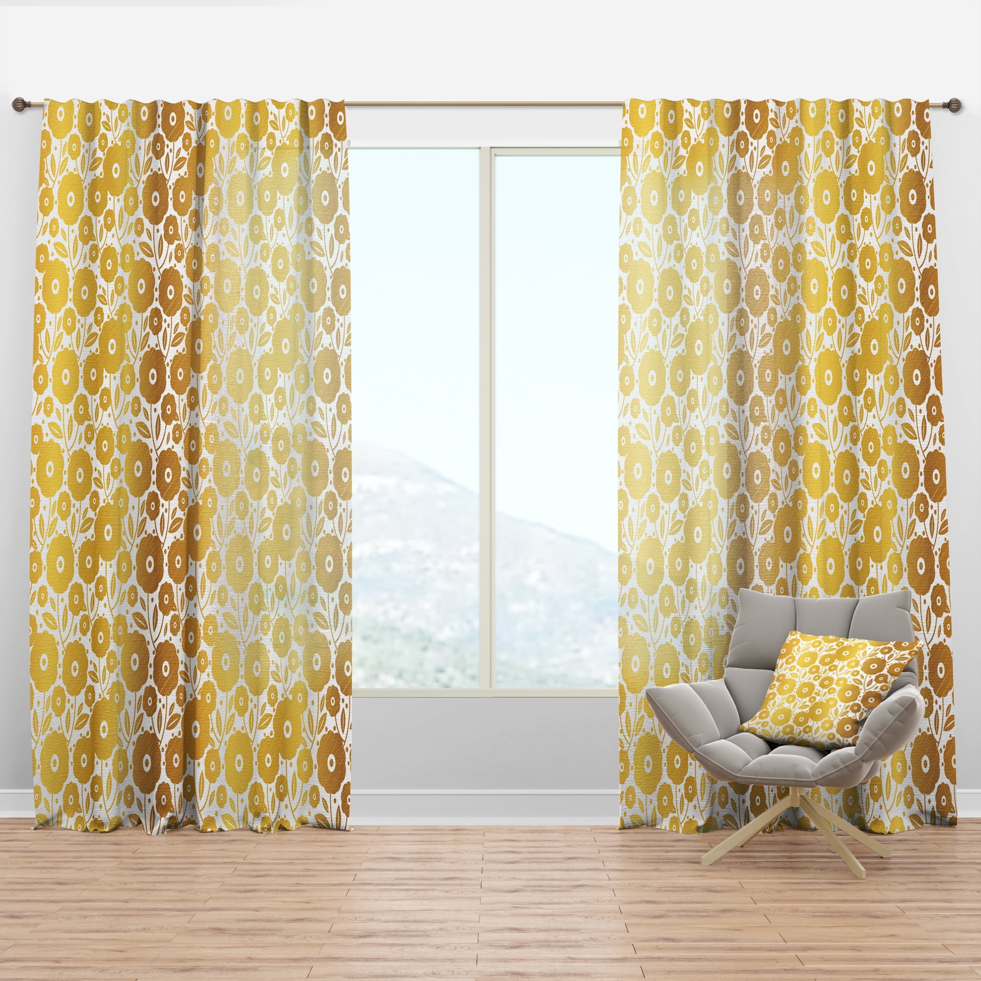 Designart 'Golden Floral Retro I ' Mid-Century Modern Curtain Panel