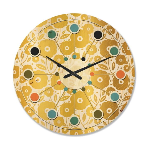 Designart 'Golden Floral Retro I ' Mid-Century Modern Wood Wall Clock