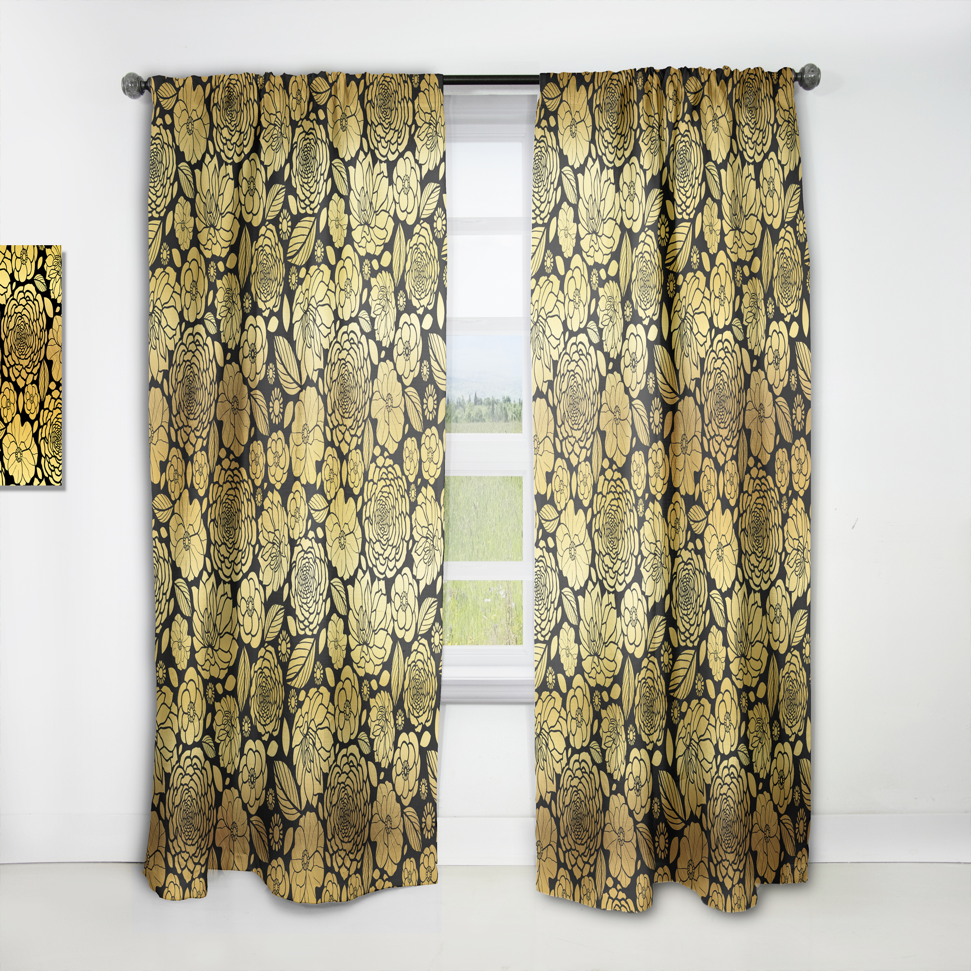 Designart 'Golden Floral Retro II' Mid-Century Modern Curtain Panel