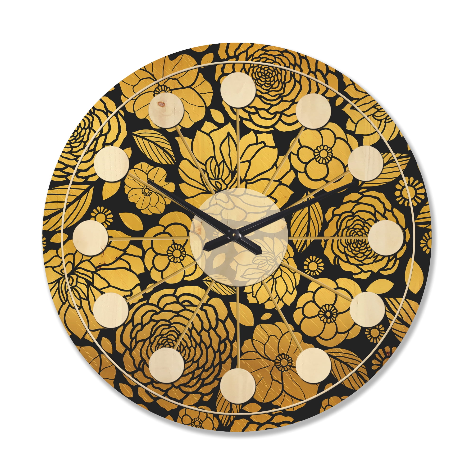 Designart 'Golden Floral Retro II' Mid-Century Modern Wood Wall Clock