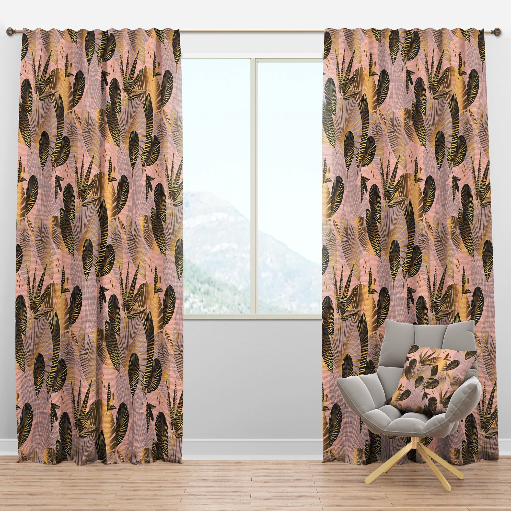 Designart 'Golden Foliage On Pink' Mid-Century Modern Blackout Curtain Panel
