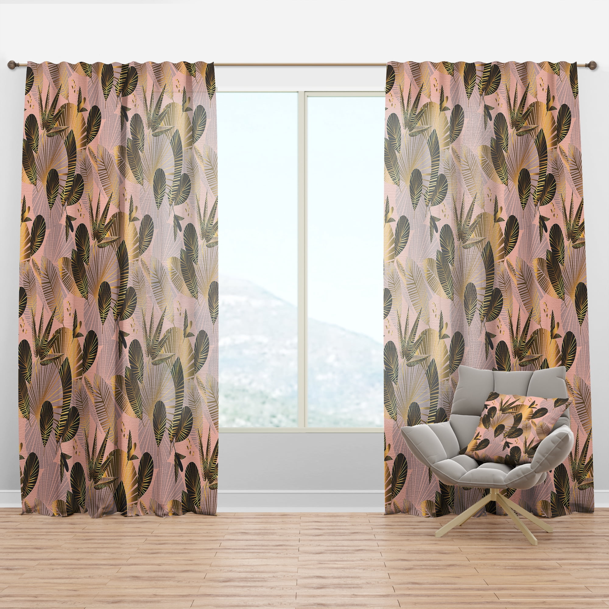 Designart 'Golden Foliage On Pink' Mid-Century Modern Curtain Panel