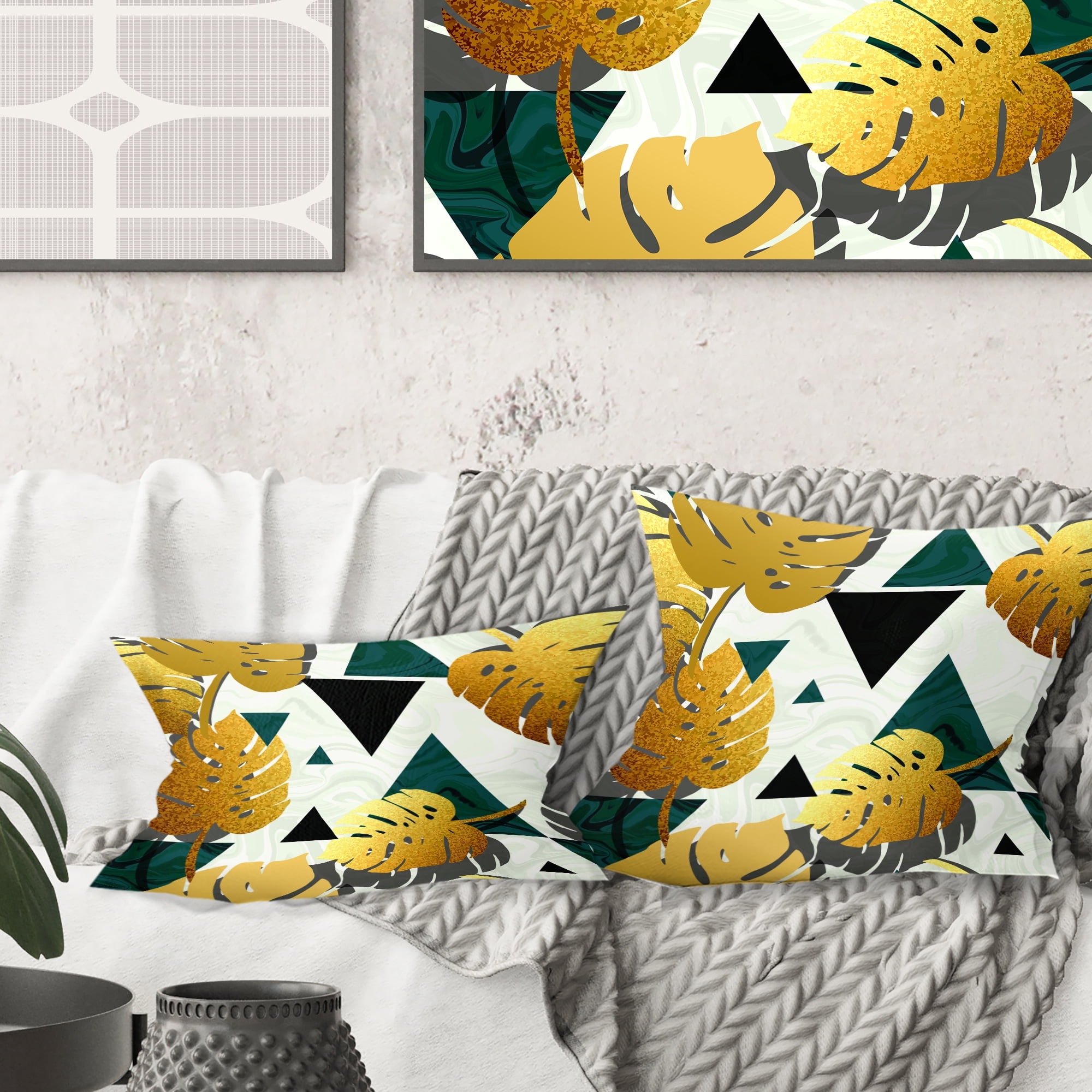 Designart Golden Foliage V' Mid-Century Modern Throw Pillow - 16x16