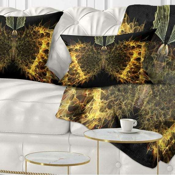 Designart Golden Fractal Butterfly in Dark - Abstract Throw Pillow - 12x20