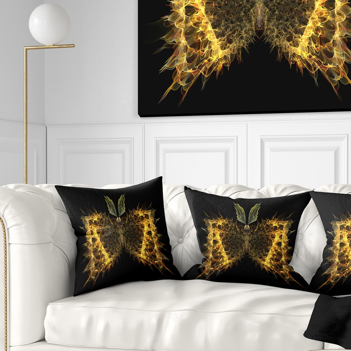 Designart Golden Fractal Butterfly in Dark - Abstract Throw Pillow - 16x16